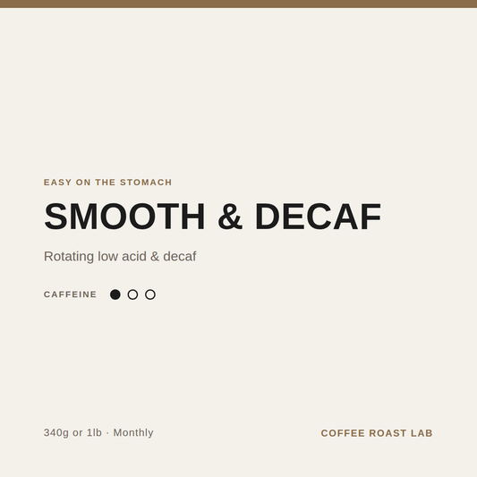 Smooth and Decaf coffee subscription, rotating low acid and decaf coffees roasted fresh in Ottawa