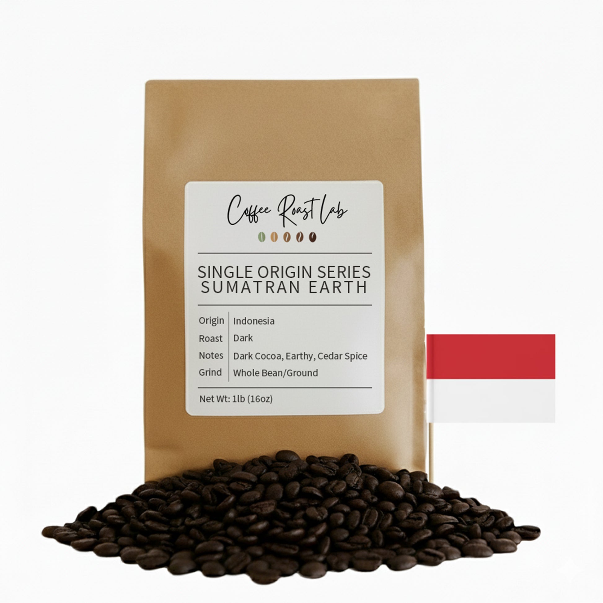 Coffee Roast Labs Sumatran Earth coffee package with coffee beans on a white background