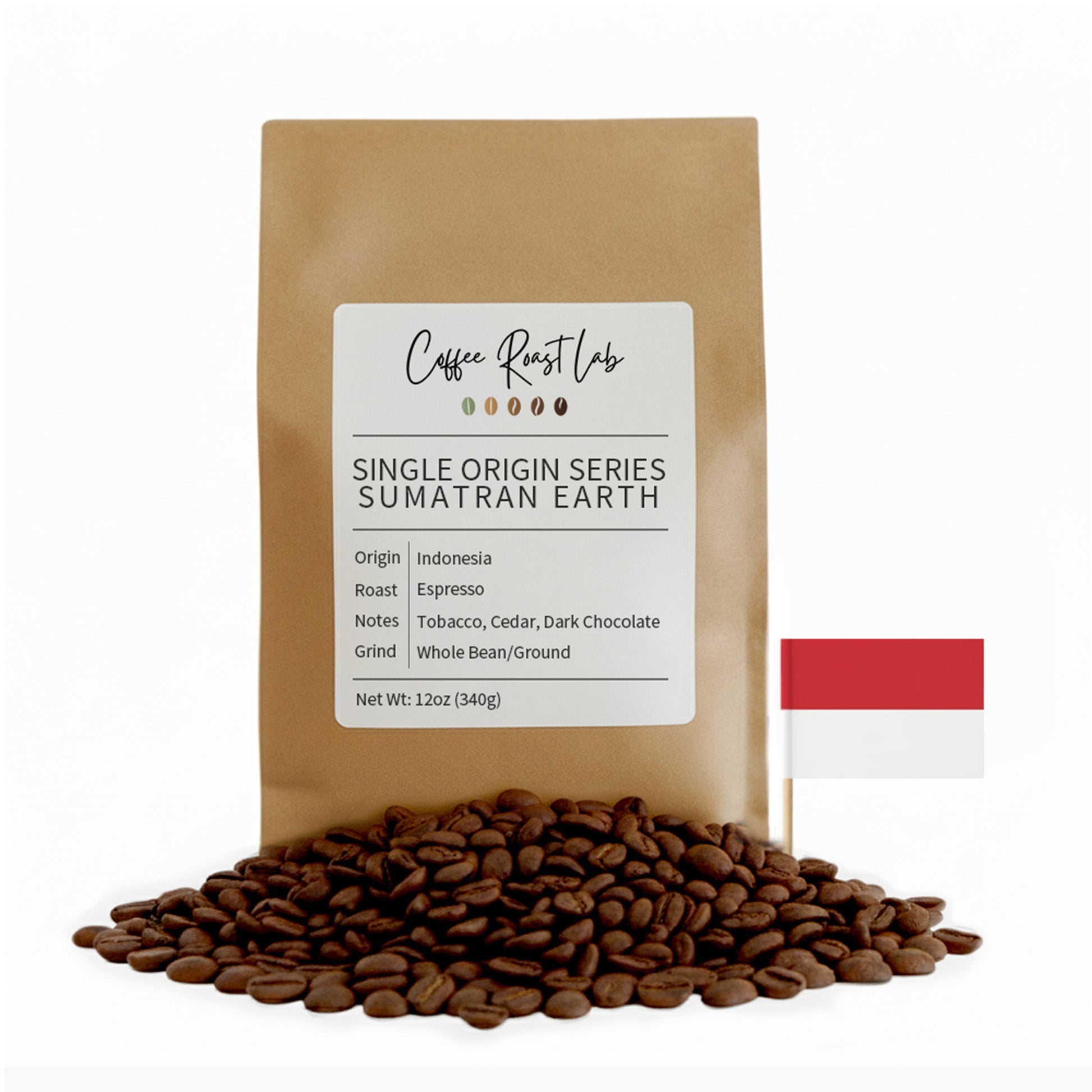 Coffee Roast Lab Sumatran Earth coffee package with coffee beans on a white background