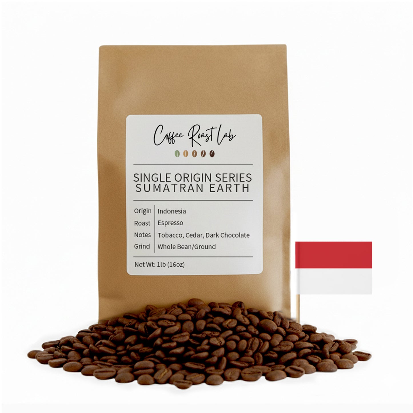 Coffee Roast Lab Sumatran Earth coffee package with coffee beans on a white background