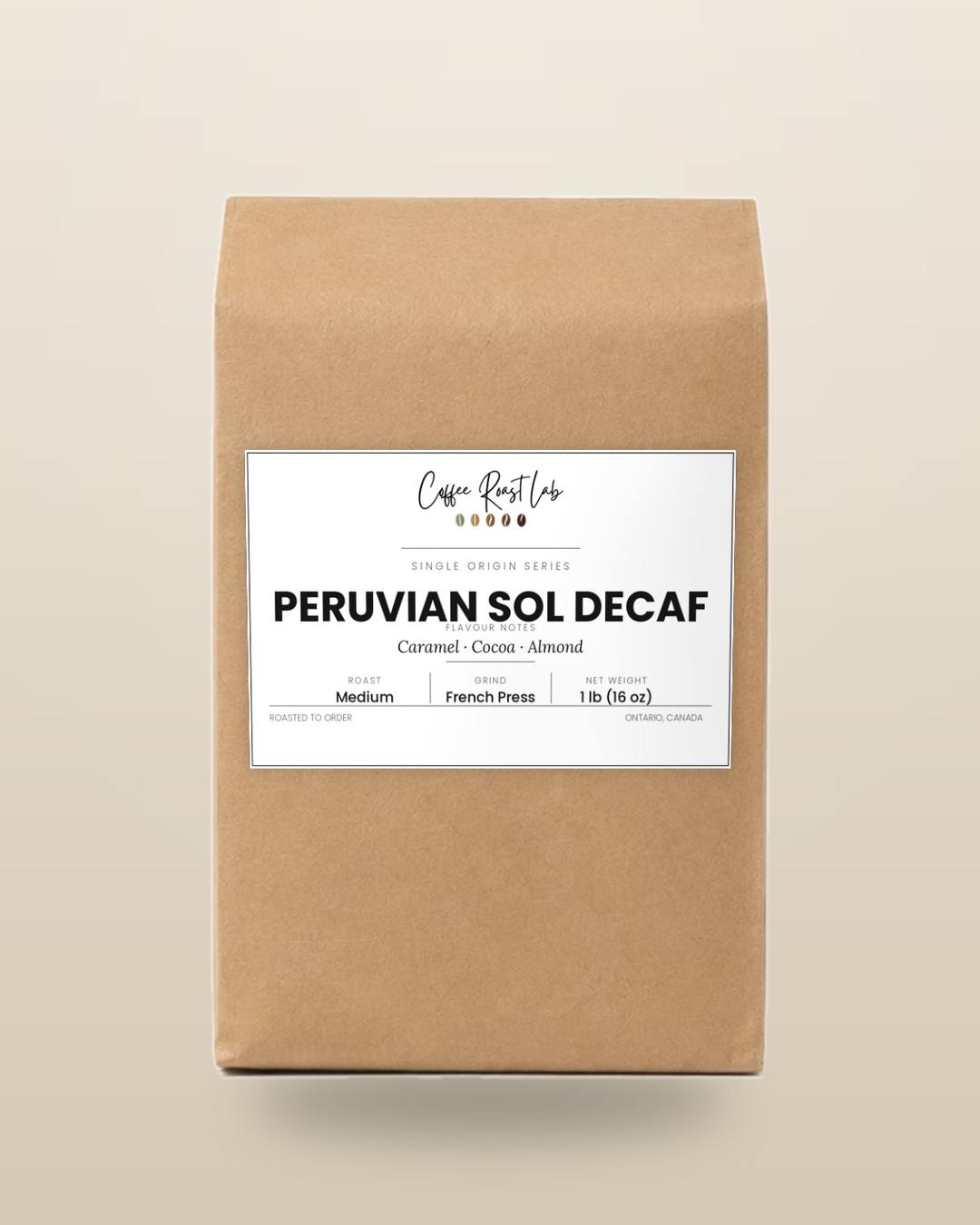 Coffee Roast Lab Peruvian Sol DECAF coffee — 1 lb, french press, medium roast